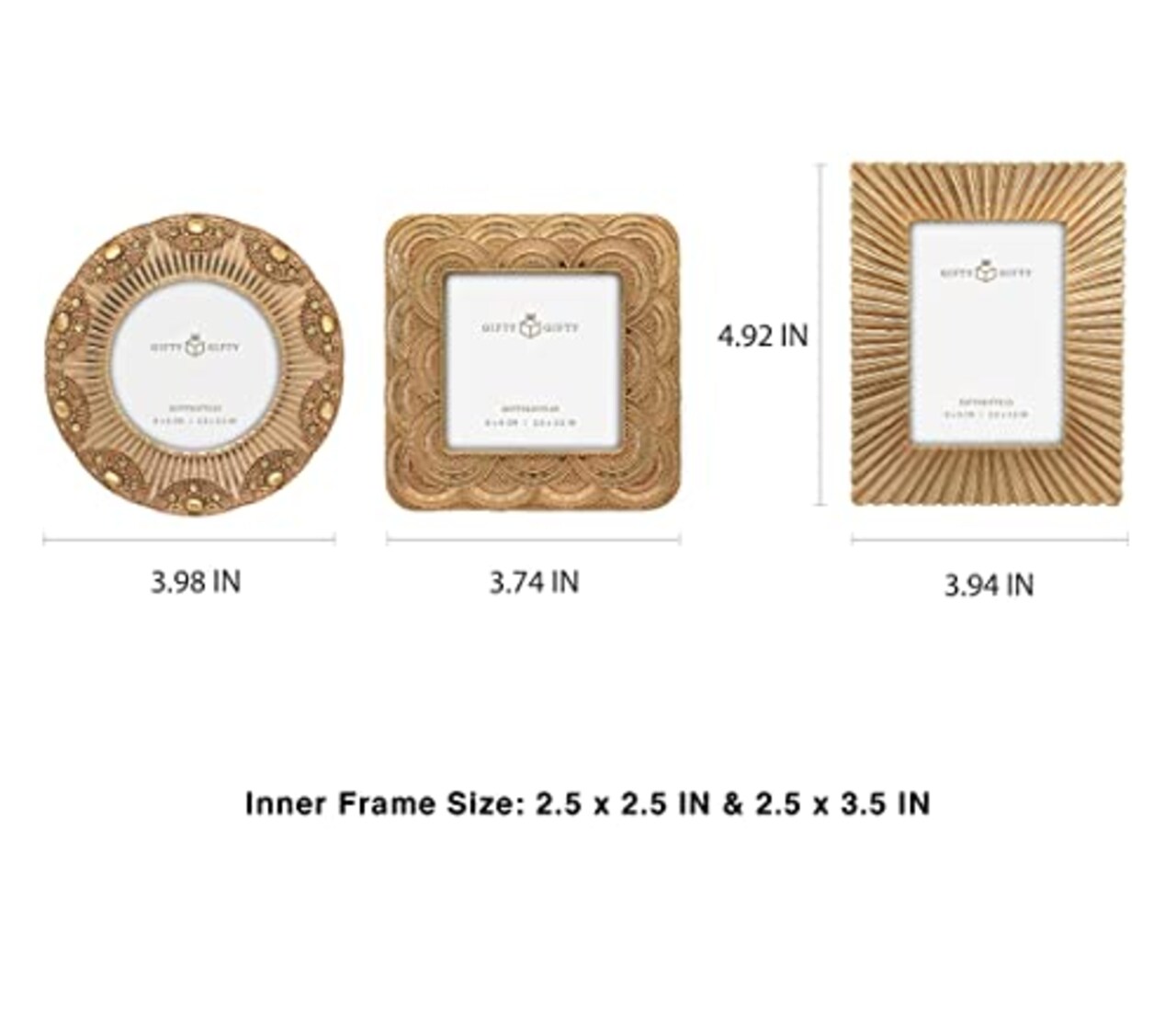 Classic Gold 1920s Mini Frame Set/Set of 3/2.5x2.5 & 2.5x3.5 In | For Tabletop Display | Perfect for Home Decor, Wedding, Graduation, Or Milestone Photos